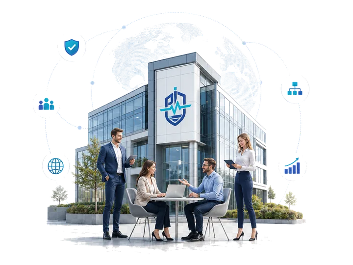 PulseHarbor company illustration with a modern office, team, and global business symbols